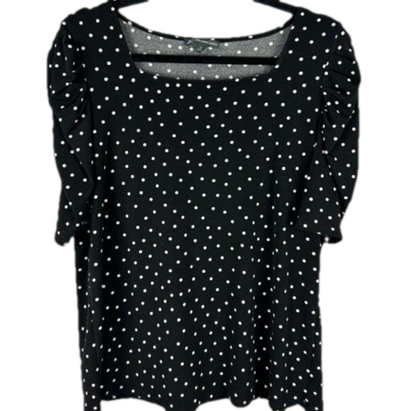 Adrianna Papell Polka Dot Short Ruched Sleeve Square Neck Top Medium Black - Picture 1 of 11